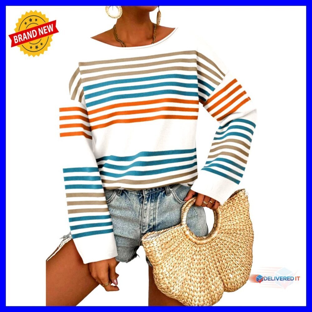 Striped Oversized Pullover Sweater Cozy Loose Fit Knit Top Fall Winter Casual